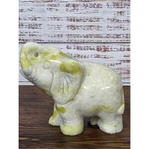 Hand Carved Onyx Marble Elephant Figurine Green White Stone Vintage Decor